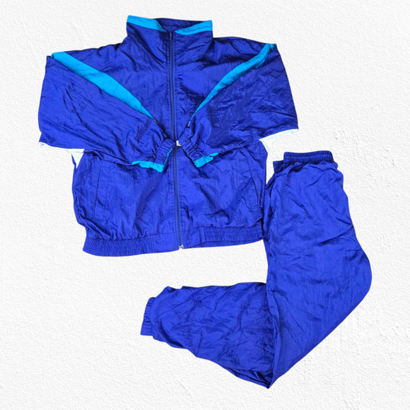 90s Vintage Colorblock Track Set Y2K Blue White Windbreaker Joggers Size Medium - Picture 15 of 16